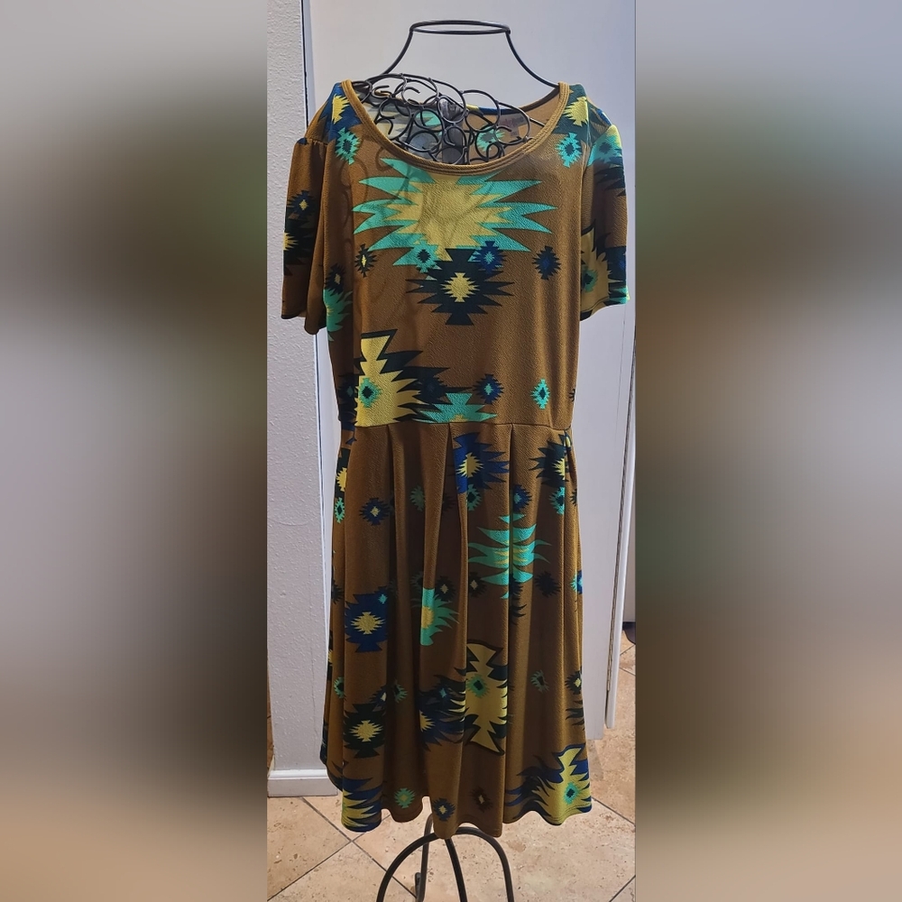 Brown Aztec-Print Midi Dress with Short Sleeves